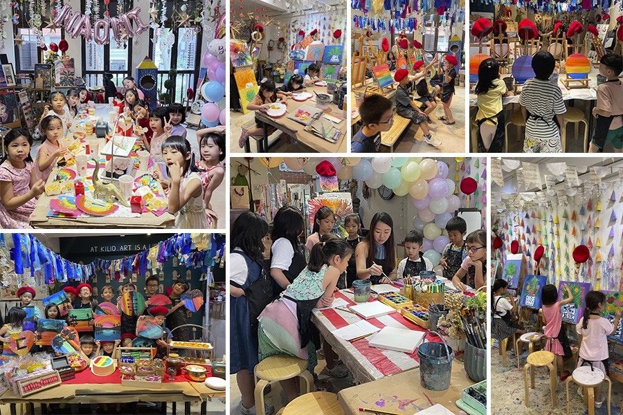 A collage showcasing children joyfully celebrating at a birthday party in KiLiO Art - best party venues in Singapore.