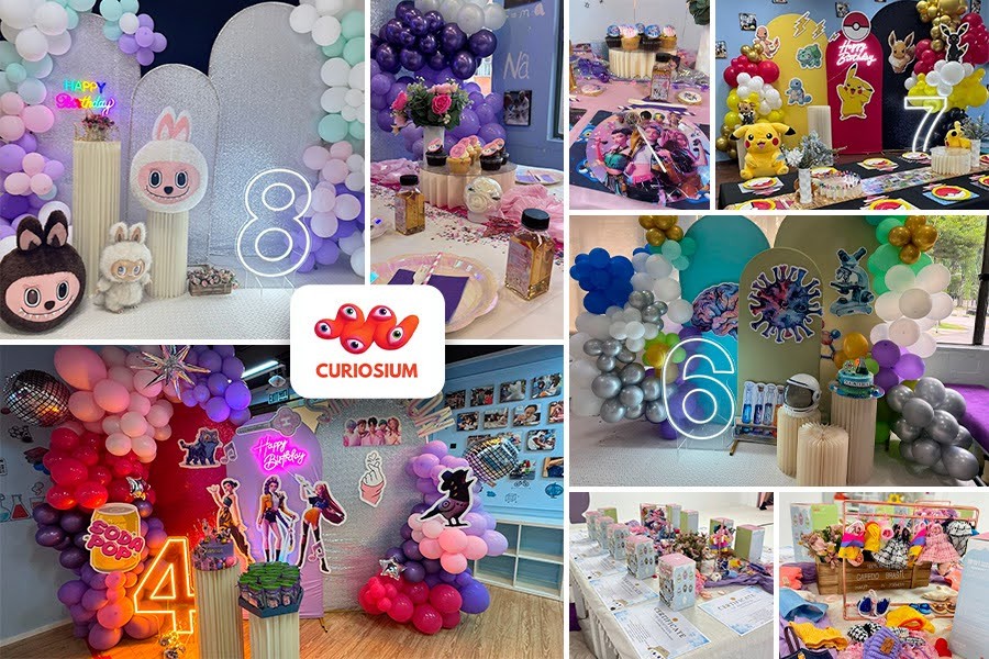 A vibrant collage of balloons and decorations showcasing a festive birthday party theme for children in Singapore
