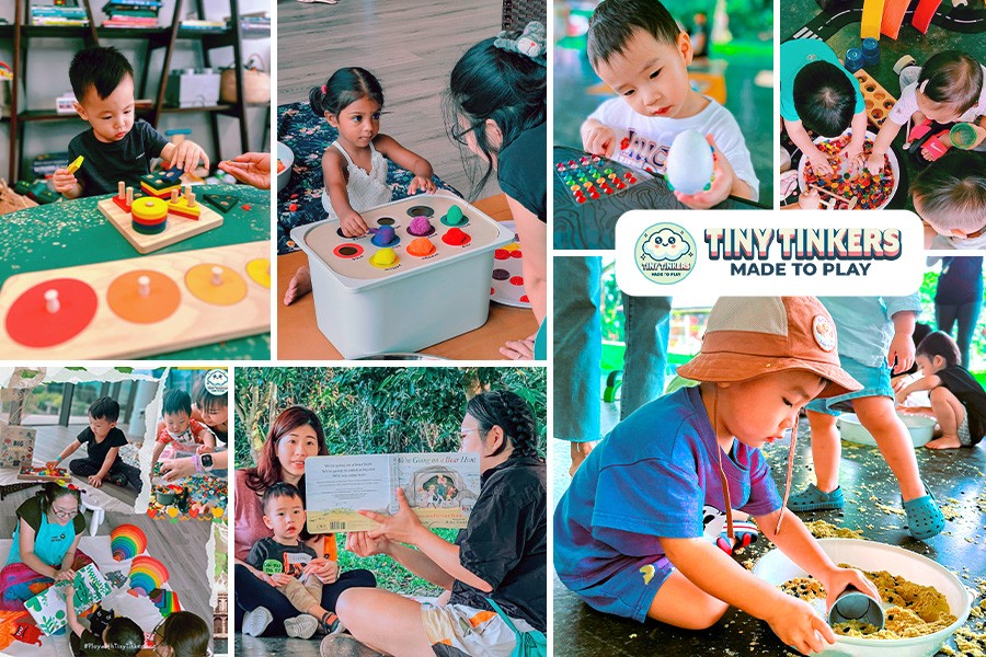 A collage of children joyfully playing in a colorful playroom, highlighting enrichment classes for babies and toddlers in Singapore