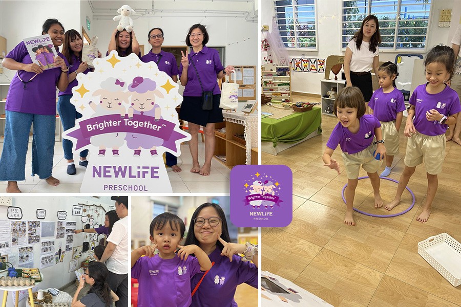 A cheerful collage featuring children in purple shirts and toys, capturing joyful preschool activities in Singapore