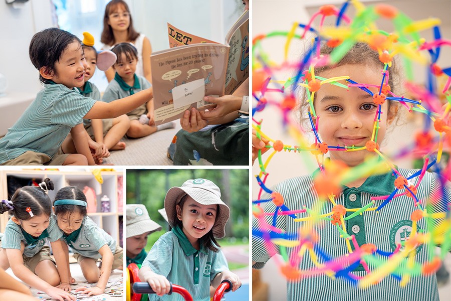 A collage featuring children joyfully playing with various toys, highlighting activities at top preschools in Singapore