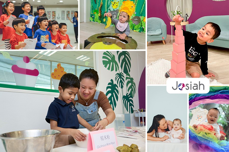 A collage featuring children and adults engaged in playtime in a playroom, representing preschools in Singapore