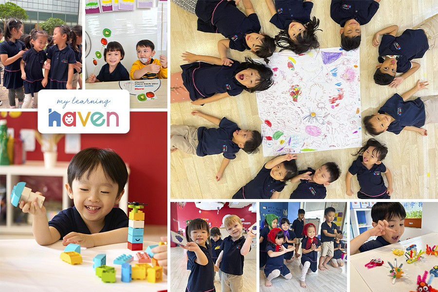 A collage of children joyfully playing with various toys, highlighting activities at top preschools in Singapore