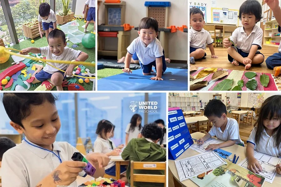 Children in a preschool engage in various activities: playing with colorful toys, crawling, examining leaves, and drawing, conveying joy and curiosity
