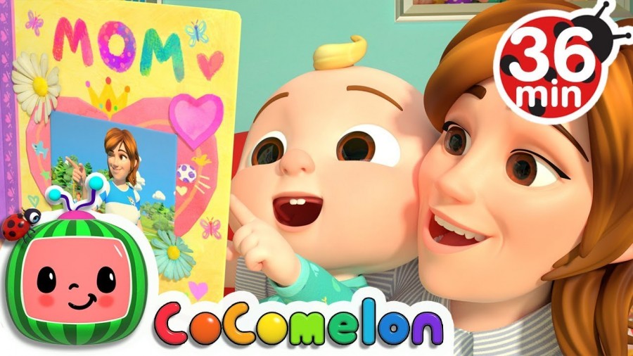 Colorful 'CoComelon' cartoon image featuring characters, a ladybug, and a 'MOM' card for young English learners