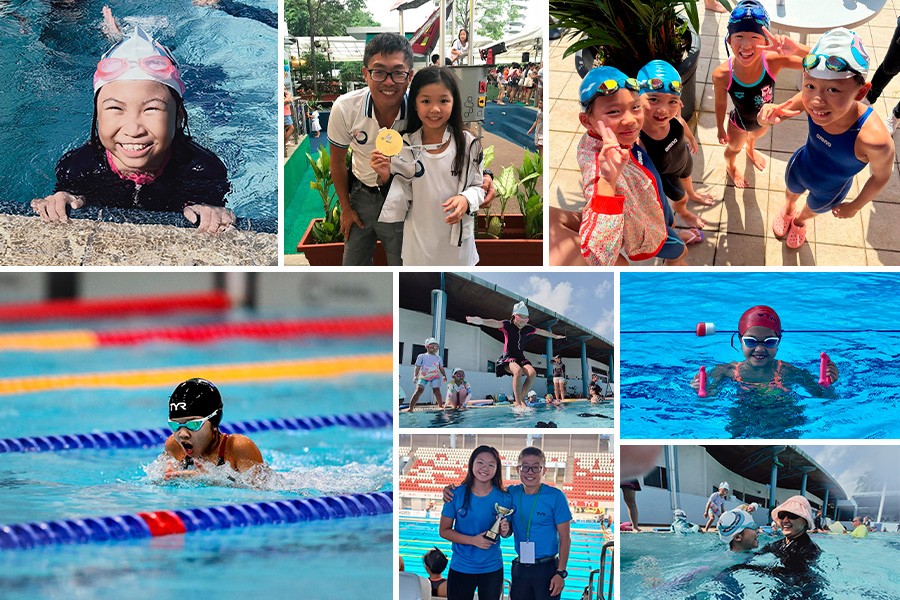 A collage featuring children taking swimming lessons in various pools in Singapore, showcasing joyful learning moments