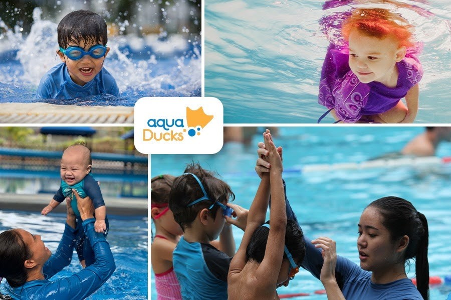 Children participating in swimming lessons, captured in a vibrant collage of joyful moments in the pool