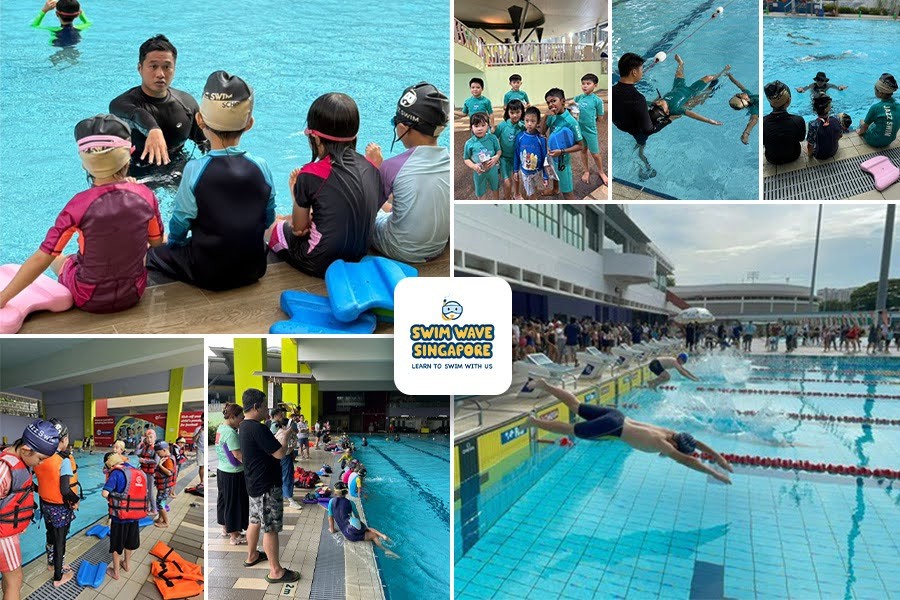 A collage of children enjoying swimming lessons in a pool, showcasing their skills and fun moments in Singapore