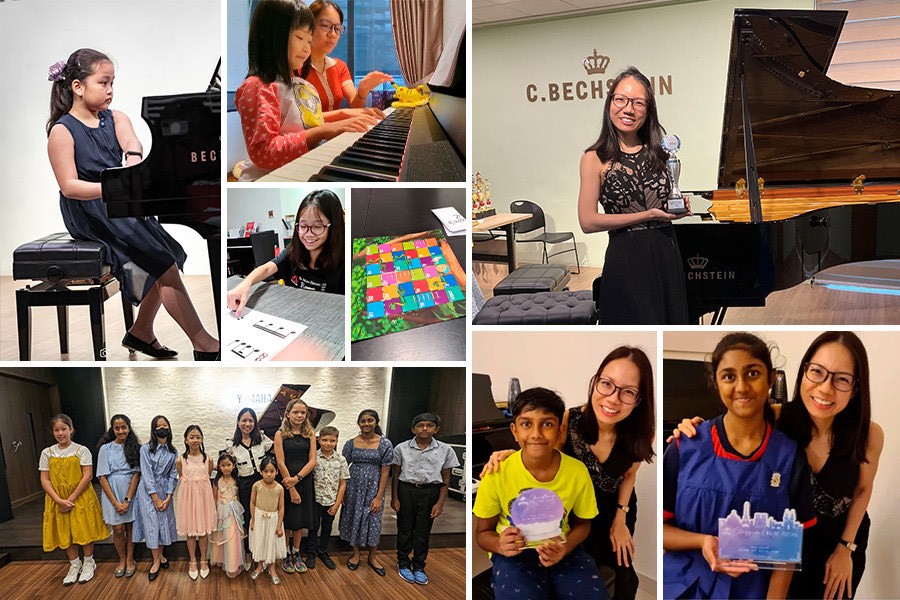 Kids playing piano and singing in a colorful collage by Piano With Candice