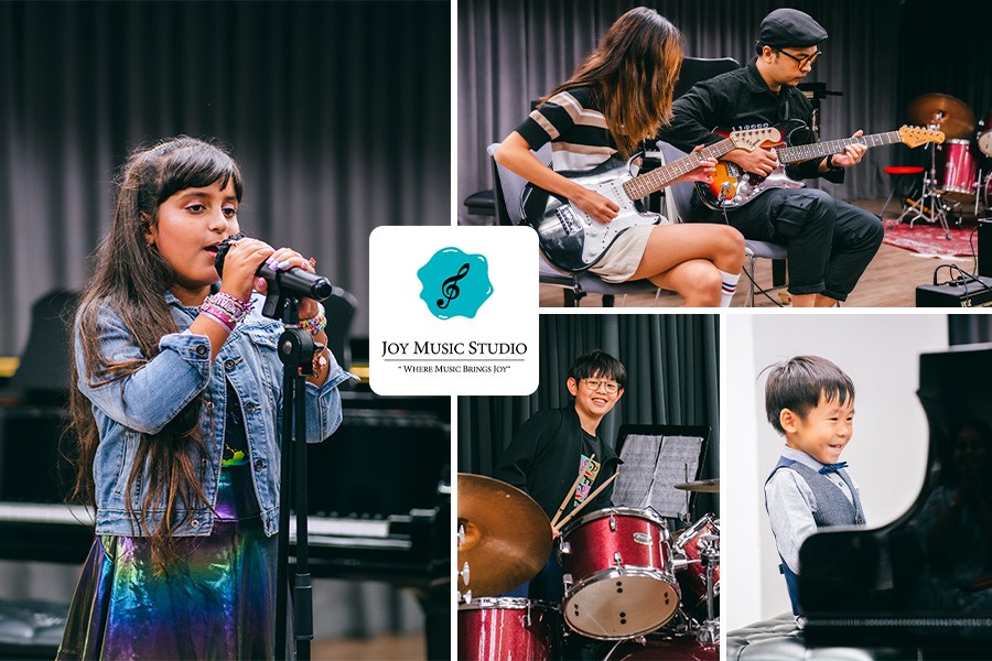 A collage of kids playing various musical instruments in Singapore's music classes