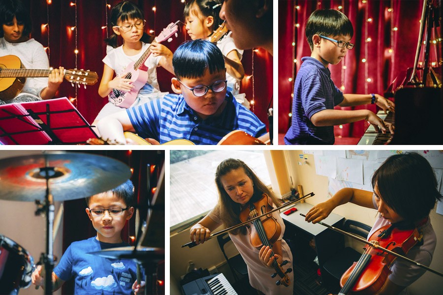 A collage featuring children engaged in music classes, playing different instruments