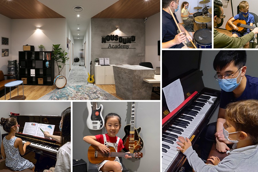 Kids making music together in a colorful collage showcasing music classes in Singapore