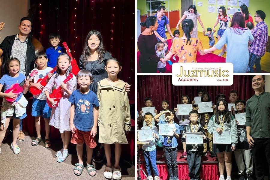 A collage featuring children and adults smiling and posing together, promoting the Best Music Classes for Kids in Singapore