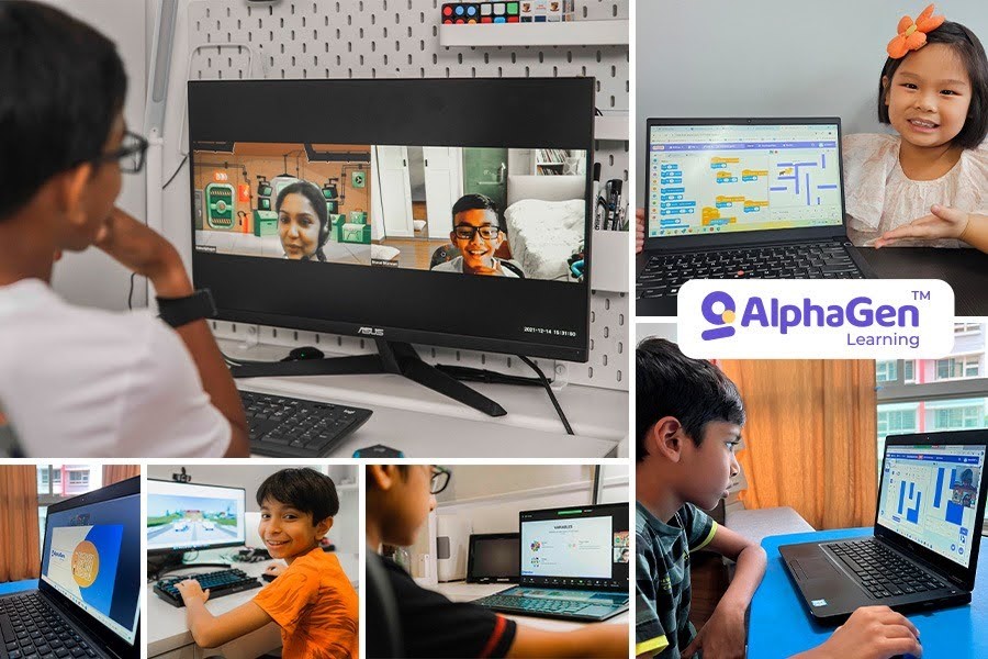 A collage of children engaged in coding and robotics activities using laptops in a classroom setting