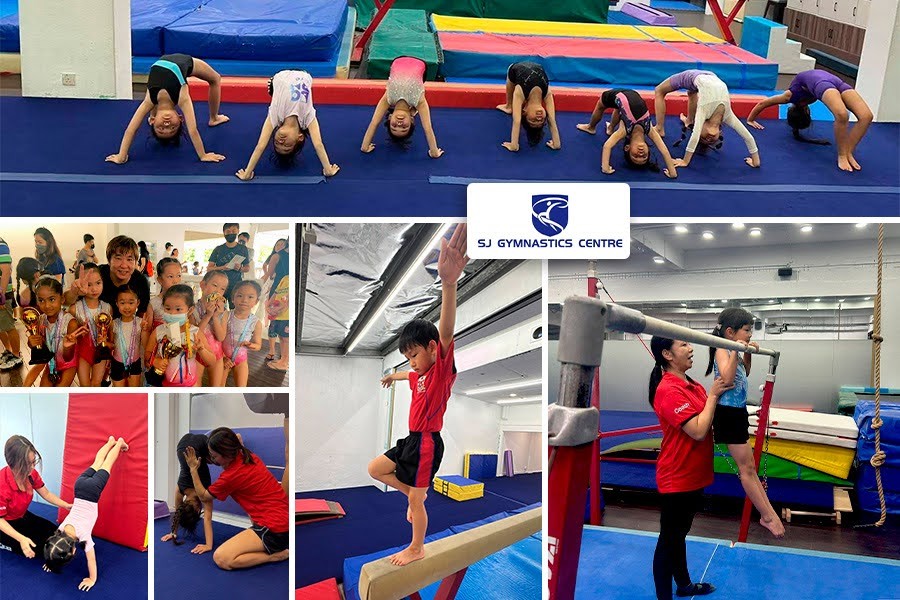 Children at a gymnastics center engage in various activities, including backbends, balance beam, and parallel bars, with coaches offering support