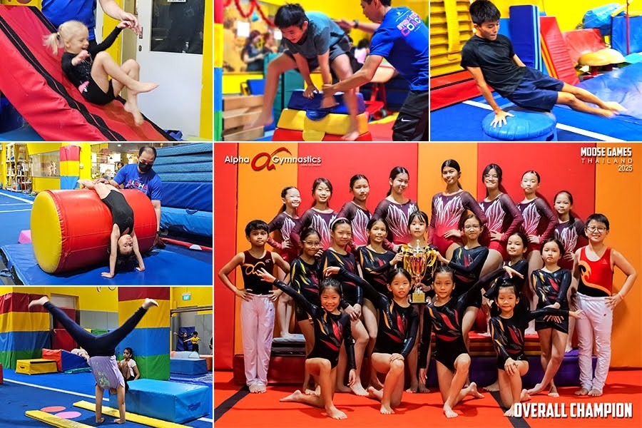 A collage of children practicing gymnastics, showcasing various skills and movements in a vibrant gym setting