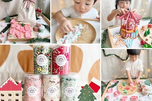 A cheerful child joyfully making cookies, surrounded by festive decorations and holiday spirit for Christmas gifts