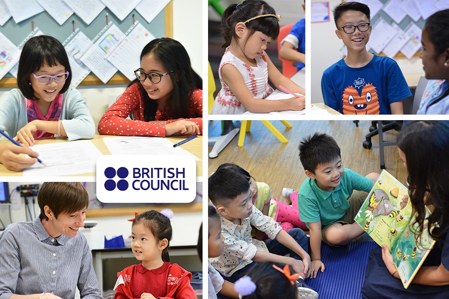 A collage depicting children engaged in various activities within a vibrant classroom setting, highlighting language learning in Singapore.