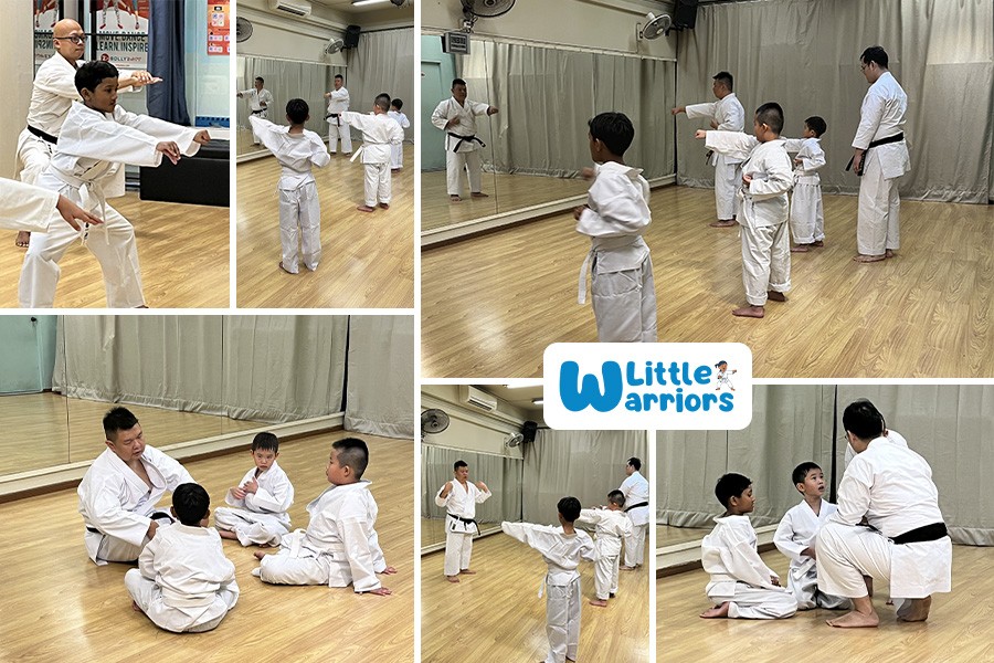 A collage of children practicing karate, showcasing after-school activities for kids in Singapore