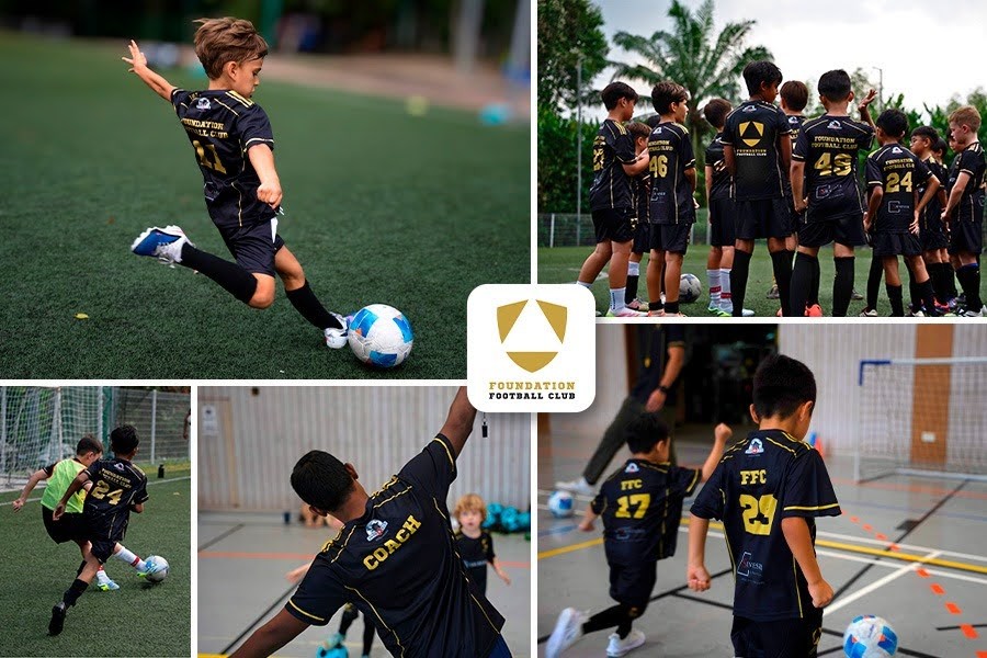 A collage of children playing soccer, showcasing the Football Club for Kids in Singapore and their joyful activities