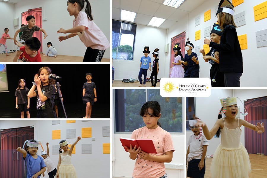 A collage of classroom photos featuring children engaged in various after-school activities in Singapore