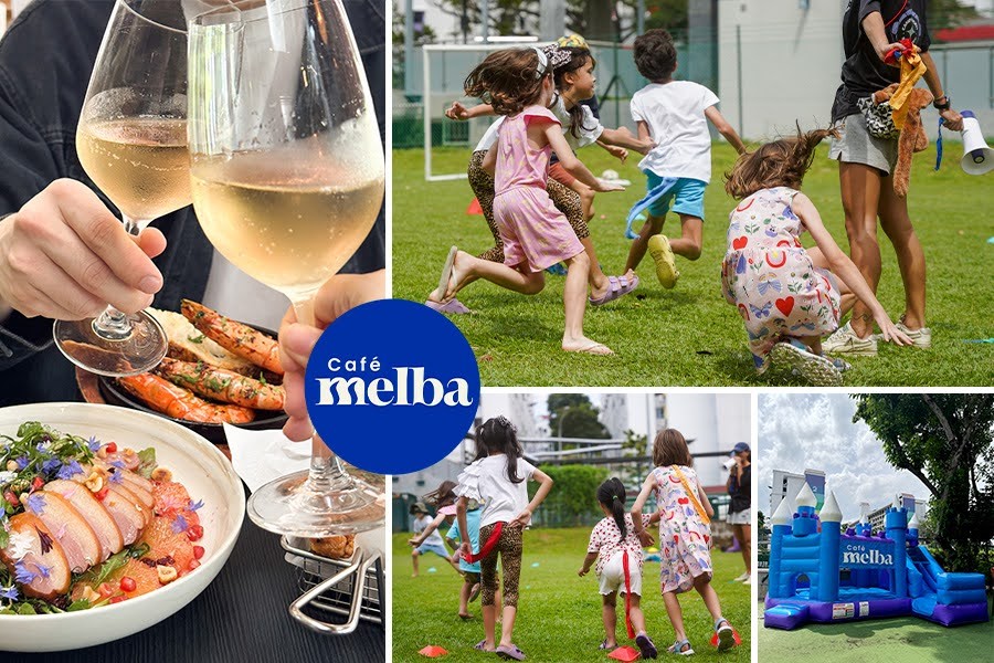 A collage of families enjoying food and playing on the grass, highlighting family-friendly cafes in Singapore