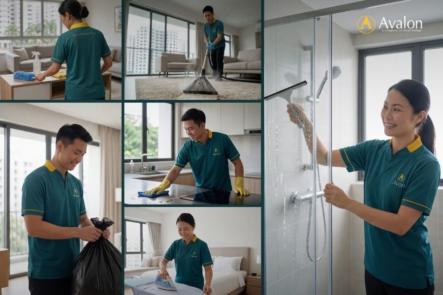 A collage showcasing various images of a cleaning lady, representing top cleaning services in Singapore