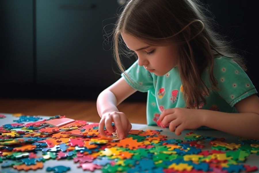 A young girl happily plays with a puzzle piece, blending learning and fun in her playtime activities