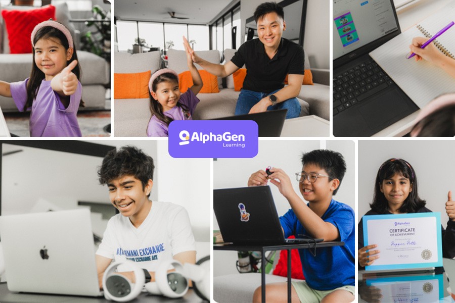 Vibrant collage of kids using laptops, highlighting fun and learning at year-end camps in Singapore