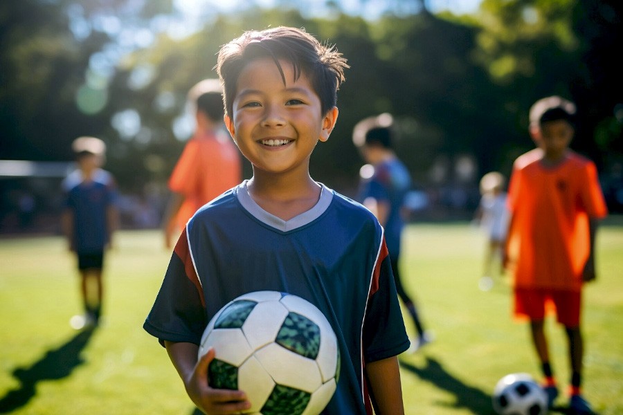 A young boy smiles while holding a soccer ball, ready for an exciting game during his extracurricular activities