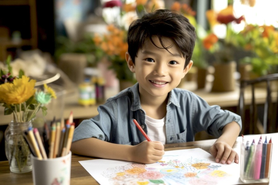 A young boy happily smiles as he draws on paper, showcasing his creativity during extracurricular activities.