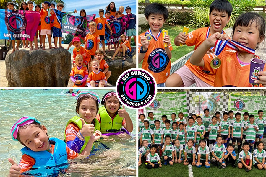 A collage of kids in orange shirts, showcasing fun moments from the Get GungHo Easter Camps in Singapore 2025