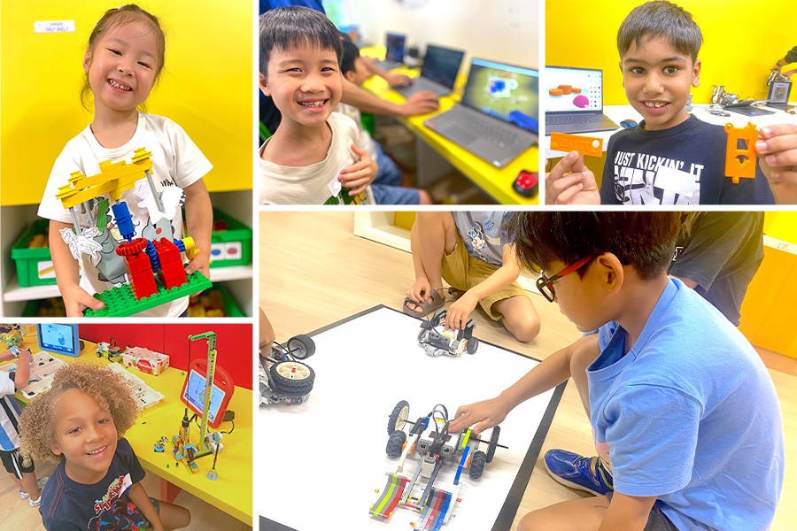 Kids having a blast with Lego in a vibrant collage, highlighting the best Easter camps for kids in Singapore 2025