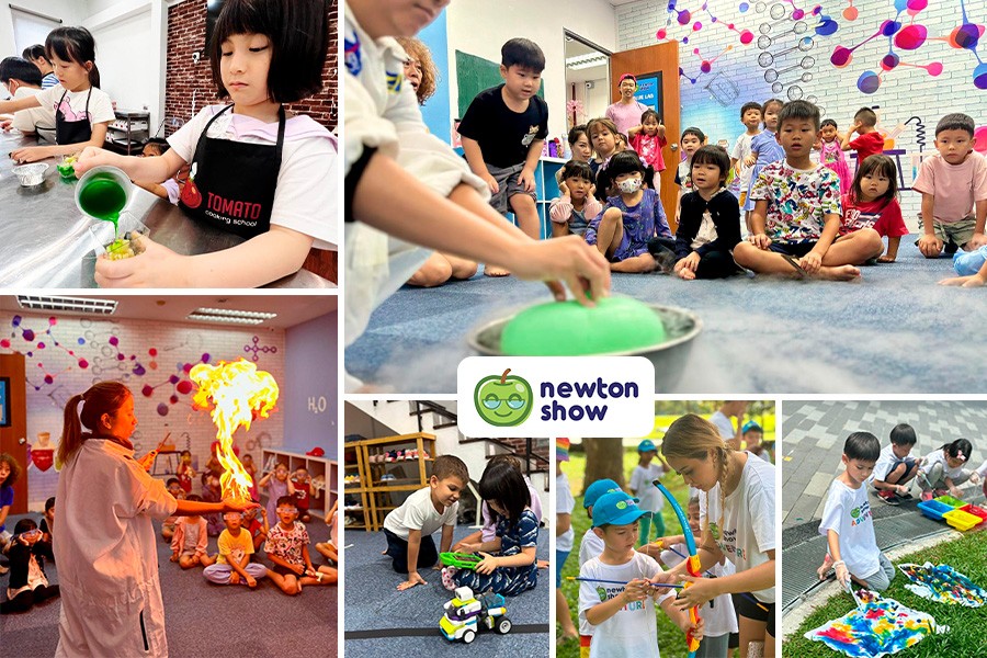  A collage of kids joyfully playing with colorful balloons at NewtonShow Easter camps in Singapore