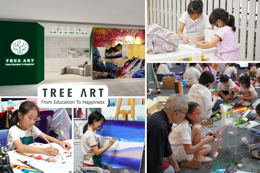 Kids in Singapore express their creativity through colorful tree art in a lively art class