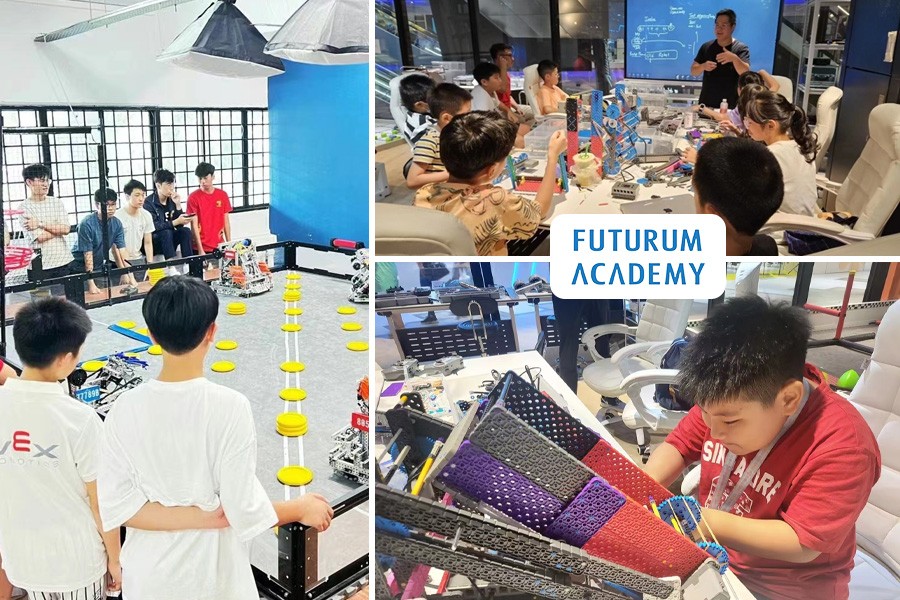 A collage of children in Singapore engaging with robots, highlighting their excitement for coding and robotics