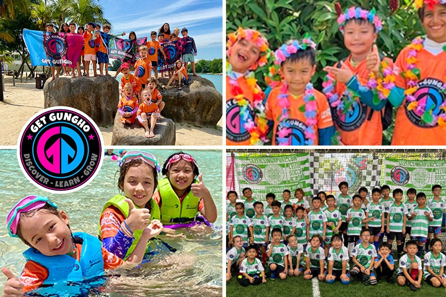 A vibrant collage of children wearing colorful shirts and hats, showcasing fun moments at summer camps in Singapore 2025