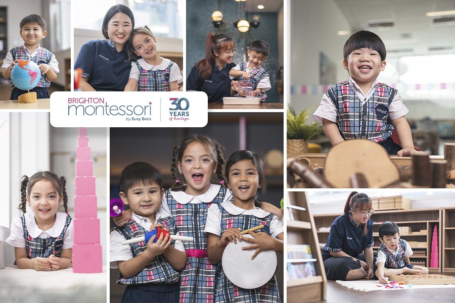 A collage of children engaged in various activities at Montessori preschools in Singapore, showcasing joyful learning moments.