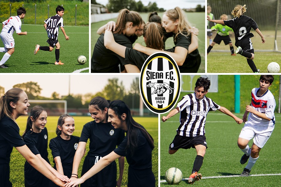 A collage of young boys and girls playing soccer at the Siena FC Summer Camp, showcasing teamwork and athleticism