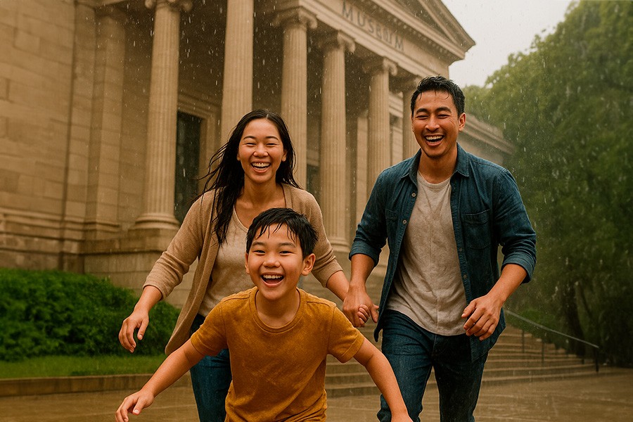 A family joyfully running together in the rain
