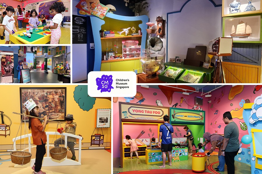 A collage of children joyfully playing in a vibrant play area at the Children's Museum Singapore