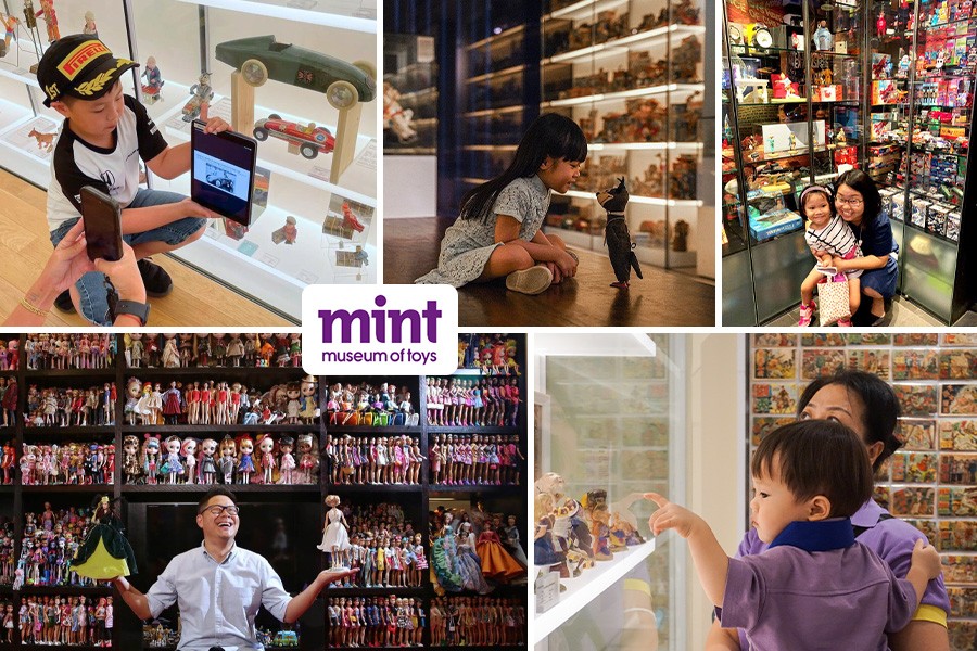 A collage of photos featuring children and adults enjoying the Mint Museum of Toys in Singapore