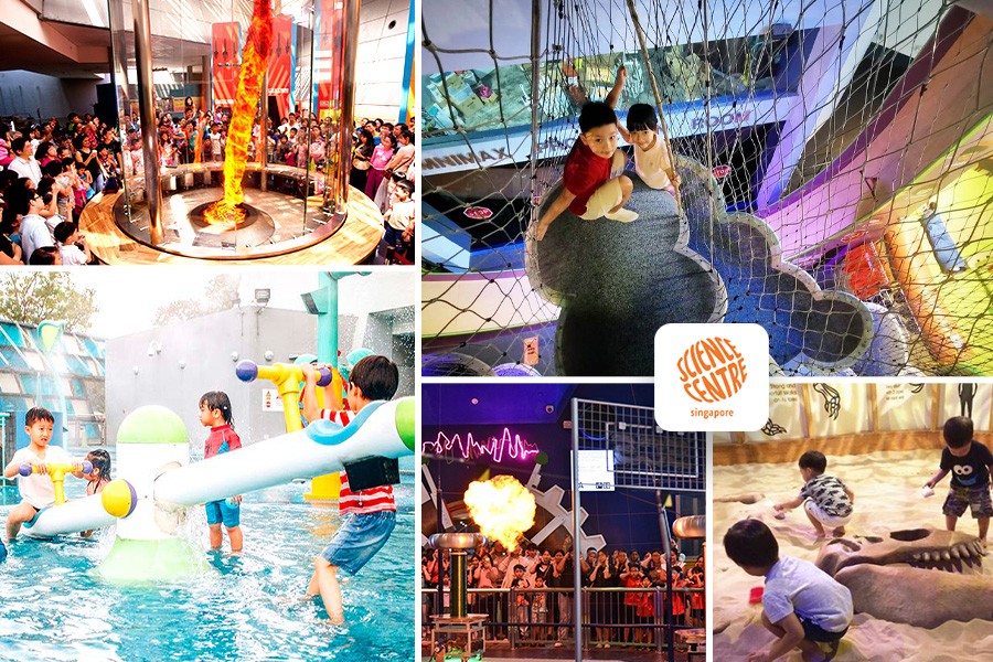 A vibrant collage showcasing kids playing and splashing in KidsSTOP, Singapore's top children's museum.