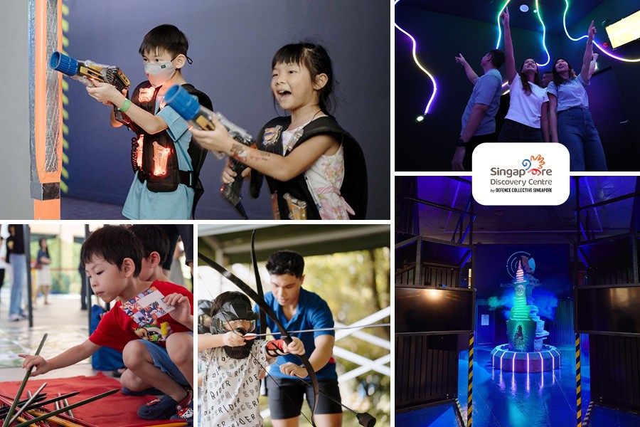 A collage of children joyfully playing with various toys at the Singapore Discovery Centre's top Children Museum