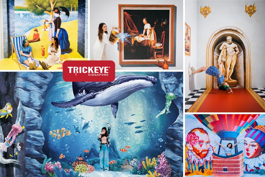 A collage of various scenes from the Trickeye Museum in Singapore, showcasing interactive 3D art installations