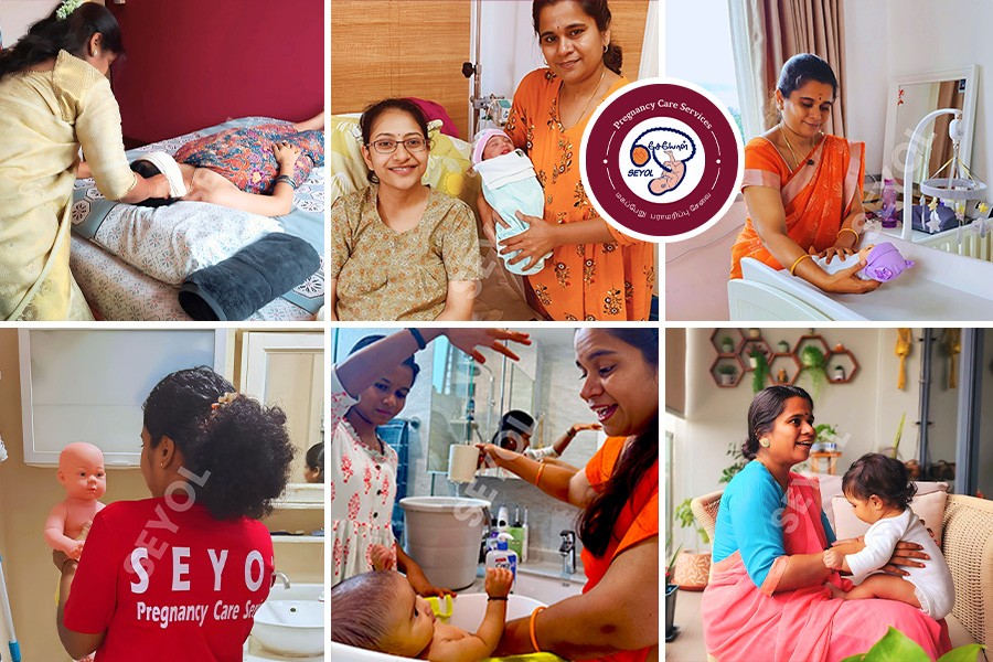 A collection of images featuring women, highlighting prenatal classes and postnatal support services