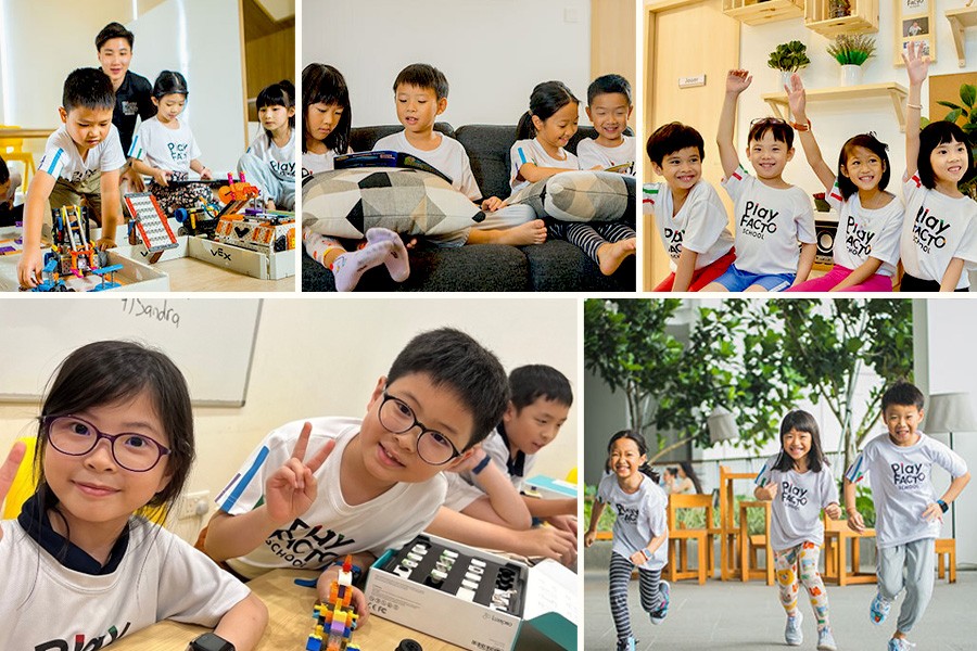 A collage of children joyfully playing with toys at PlayFACTO School’s Islandwide Open House event