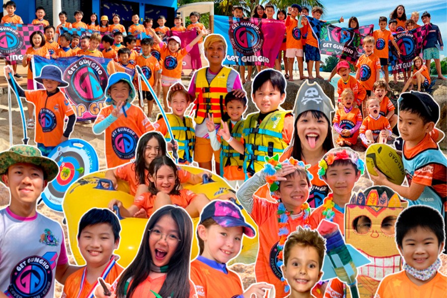 A collage of children wearing orange shirts and hats, promoting September and October holiday camps for kids in Singapore 2025