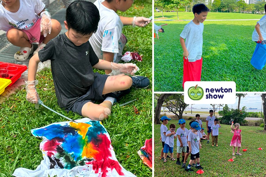 A colorful collage of children enjoying playtime in a park, featuring top camps for kids in Singapore during September and October