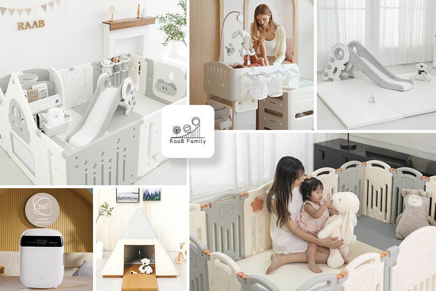 A collage of images showcasing a colorful baby's playroom filled with toys, furniture, and baby essentials